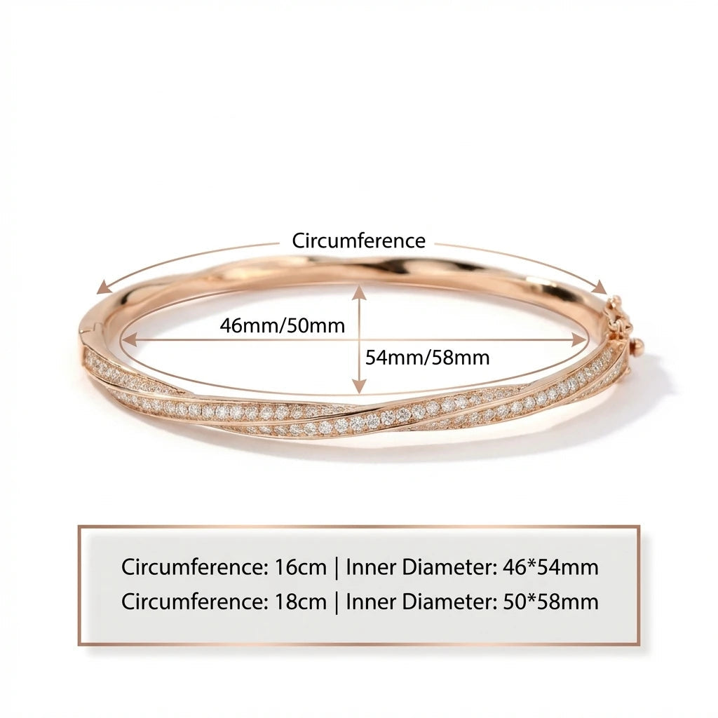Size guide for moissanite twist bangle showing 16cm and 18cm circumference options with inner diameter measurements - Sensitive Stones
