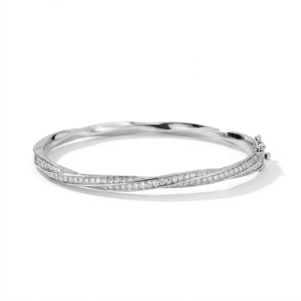 Moissanite twist bangle in 18K white gold plated 925 sterling silver on white background - Sensitive Stones
