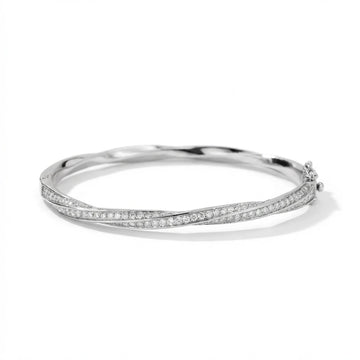 White gold moissanite twist bangle bracelet, 2mm D VVS1 double-row stones in 925 sterling silver - Sensitive Stones