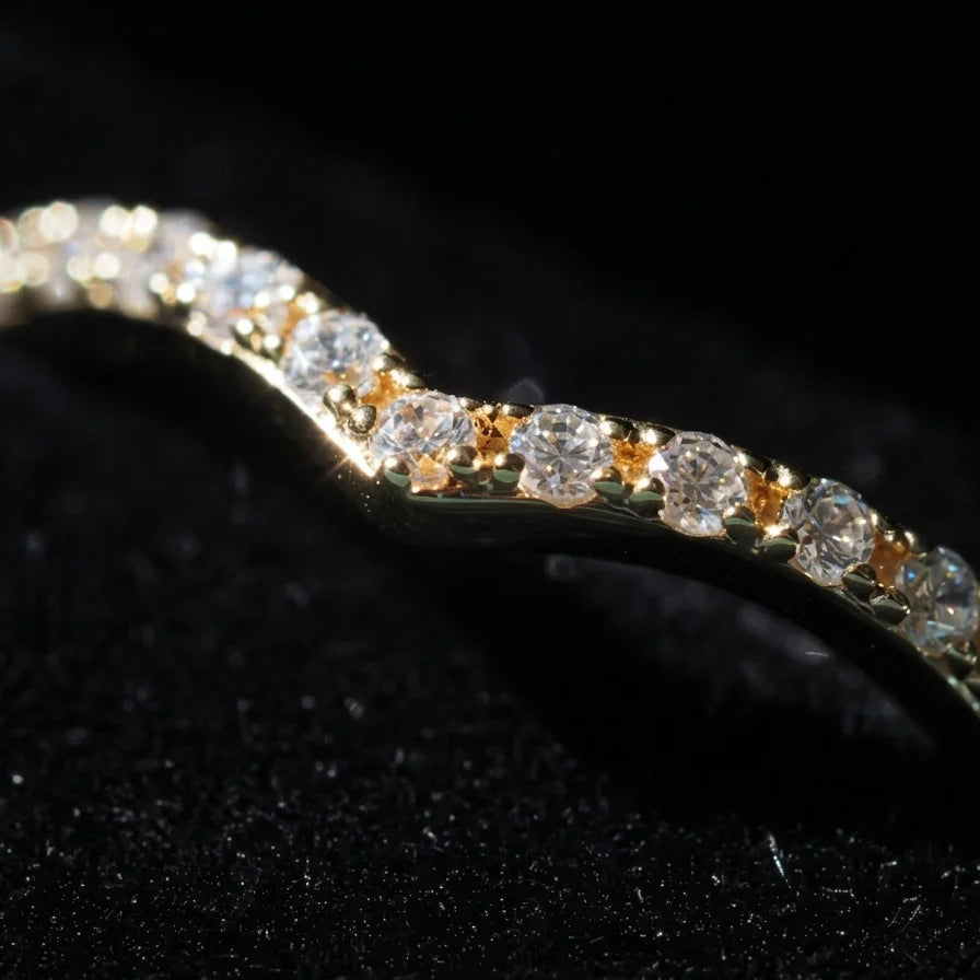 Close-up of the pave moissanite stones along the V of the 14K gold filled chevron band - Sensitive Stones