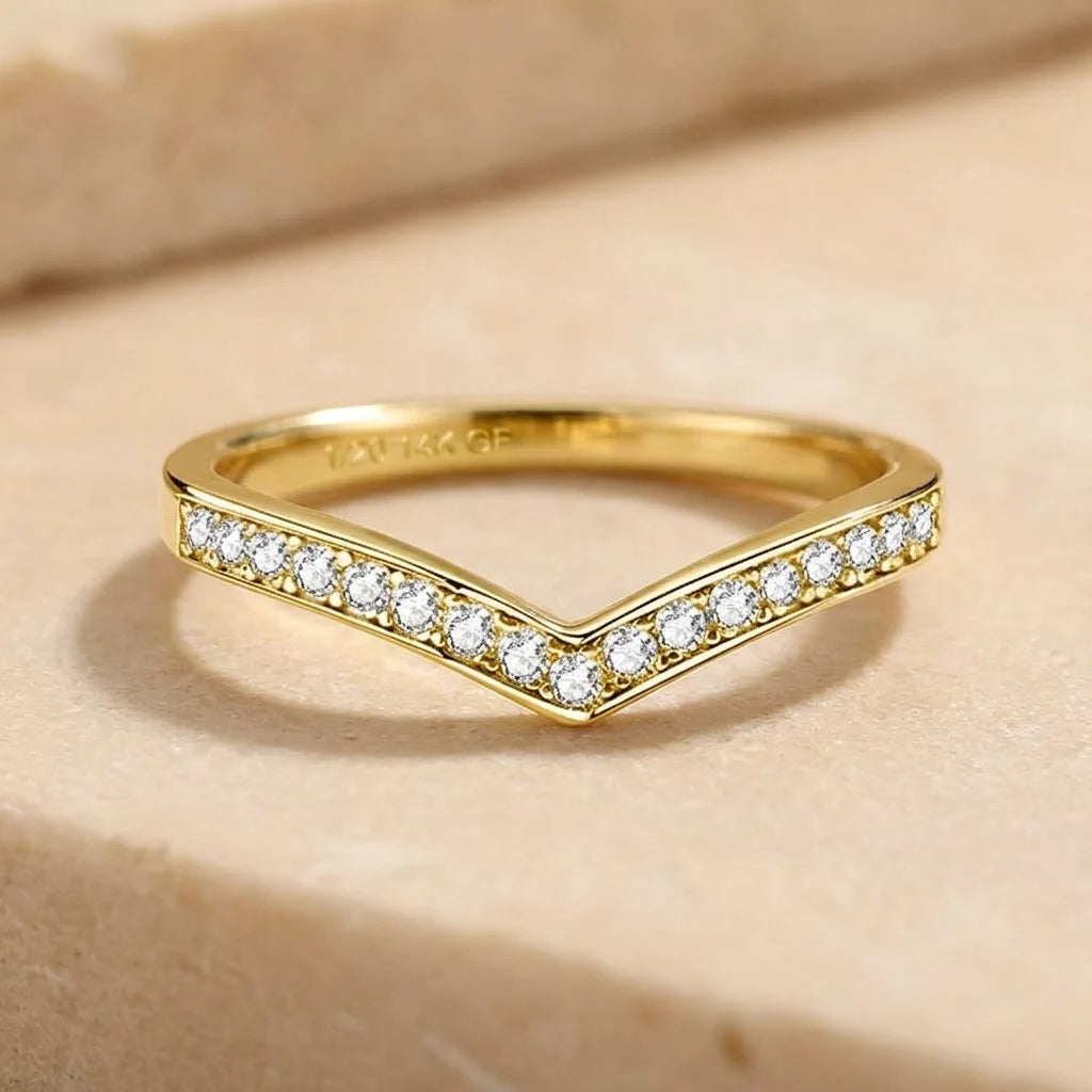 Moissanite V-shaped wedding band in 14K gold filled showing the 1/20 14K GF stamp inside the band - Sensitive Stones