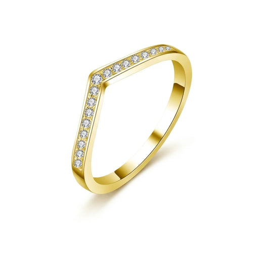 Moissanite V-shaped wedding band in 14K gold filled, angled view of the pave chevron band - Sensitive Stones