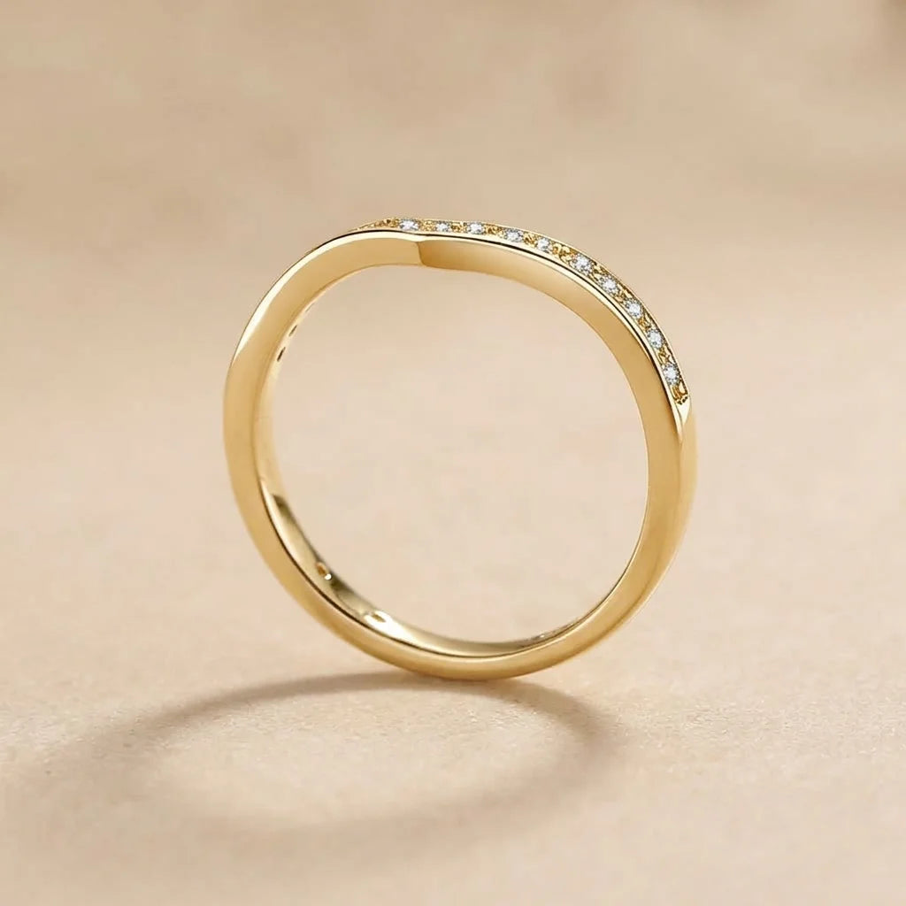 Side view of the slim 14K gold filled moissanite V-shaped band - Sensitive Stones