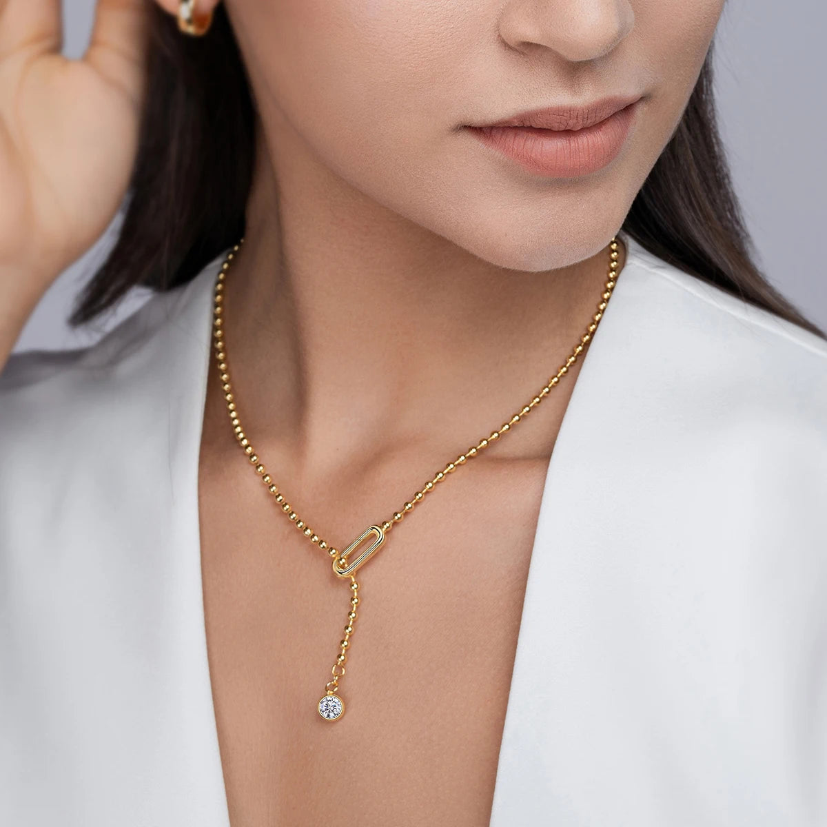 Woman wearing Moissanite Y-Shape Necklace in 18K gold plating with S925 silver bead chain – Sensitive Stones