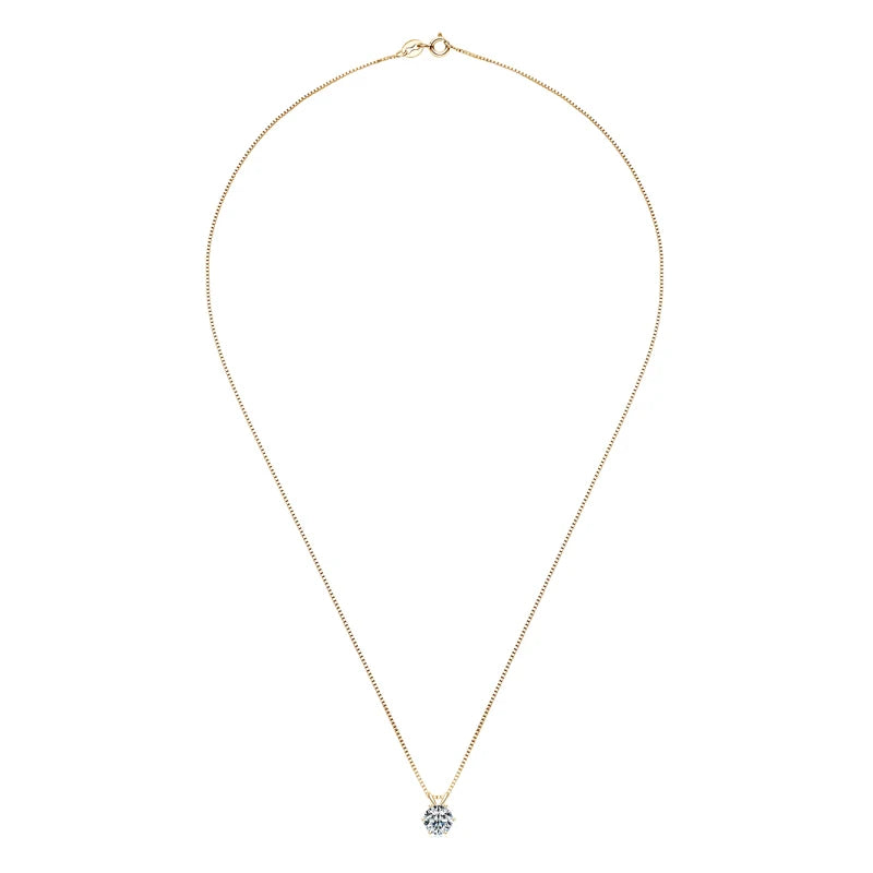 Moissanite necklace with 6-prong solitaire pendant with 18k gold finish on a white background- Sensitive Stones