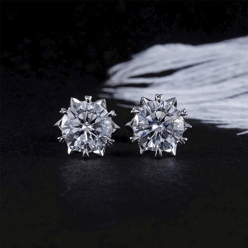 Close-up of moissanite snowflake earrings with 18K white gold plating - Sensitive Stones