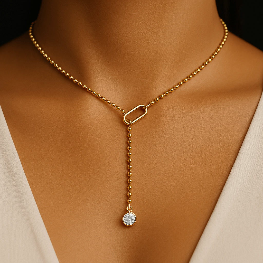 Woman wearing Moissanite Y-Shape Necklace set in 925 sterling silver and finished with 18K gold plating – Sensitive Stones