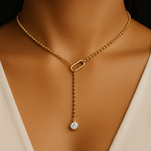 Woman wearing Moissanite Y-Shape Necklace set in 925 sterling silver and finished with 18K gold plating – Sensitive Stones