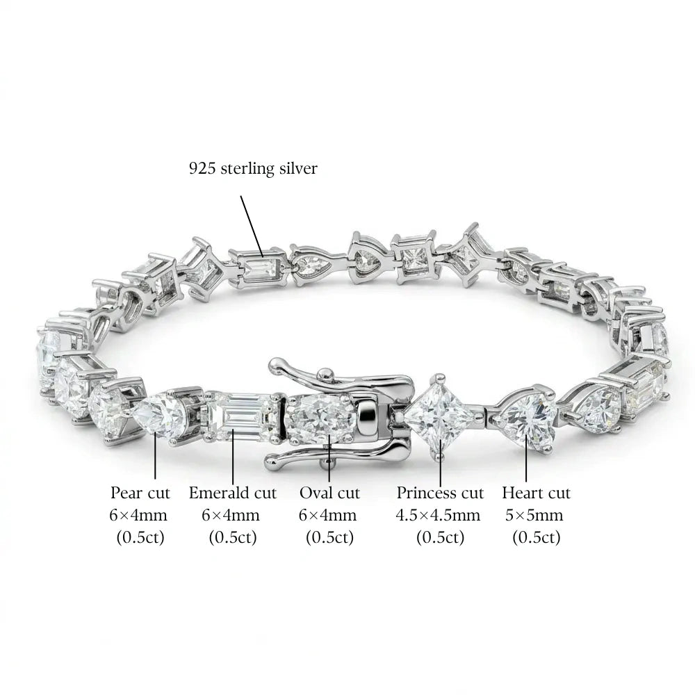 Multi shape moissanite tennis bracelet size guide showing pear, emerald cut, oval, princess and heart stone sizes in mm and carat - Sensitive Stones