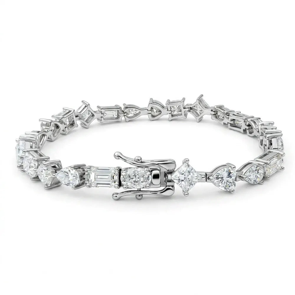 Multi shape moissanite tennis bracelet in white gold showing the box clasp and five stone shapes - Sensitive Stones
