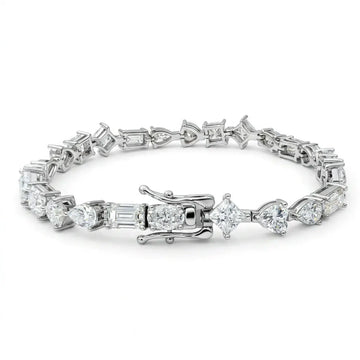Multi shape moissanite tennis bracelet in white gold showing the box clasp and five stone shapes - Sensitive Stones