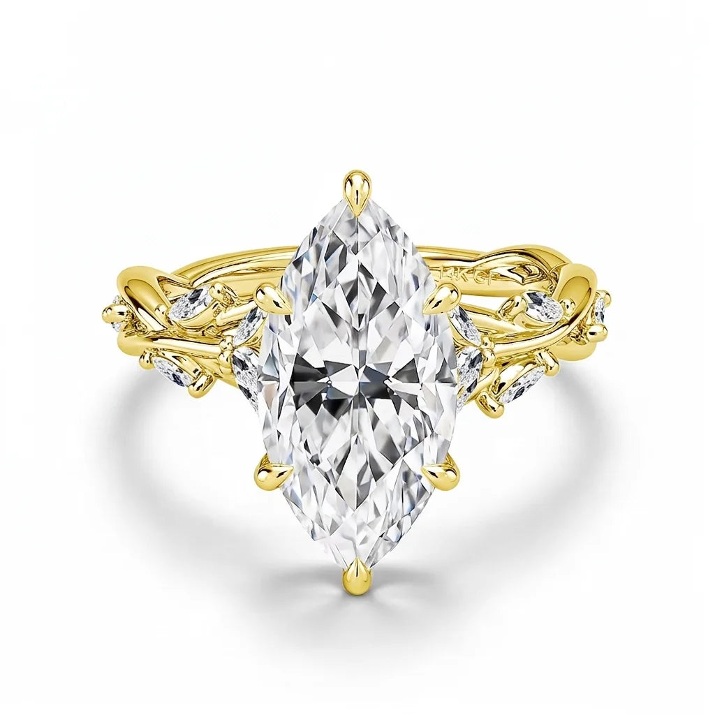 Nature-inspired marquise moissanite engagement ring in 14K gold filled, front view of the vine band - Sensitive Stones