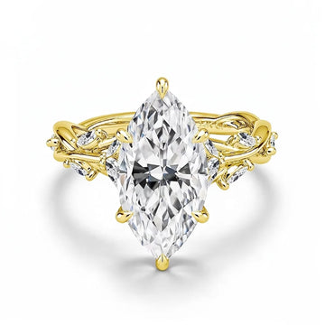 Nature-inspired marquise moissanite engagement ring in 14K gold filled, front view of the vine band - Sensitive Stones