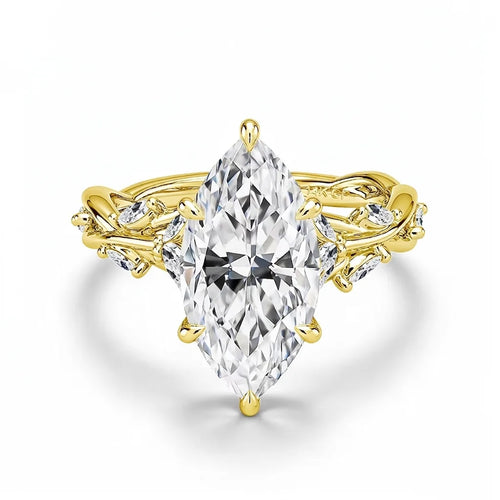 Nature-inspired marquise moissanite engagement ring in 14K gold filled, front view of the vine band - Sensitive Stones