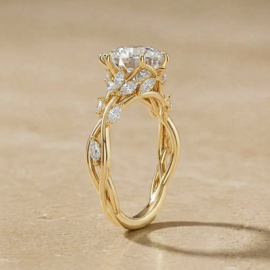 Profile view of the 14K gold filled marquise moissanite ring showing the twisted vine shank - Sensitive Stones