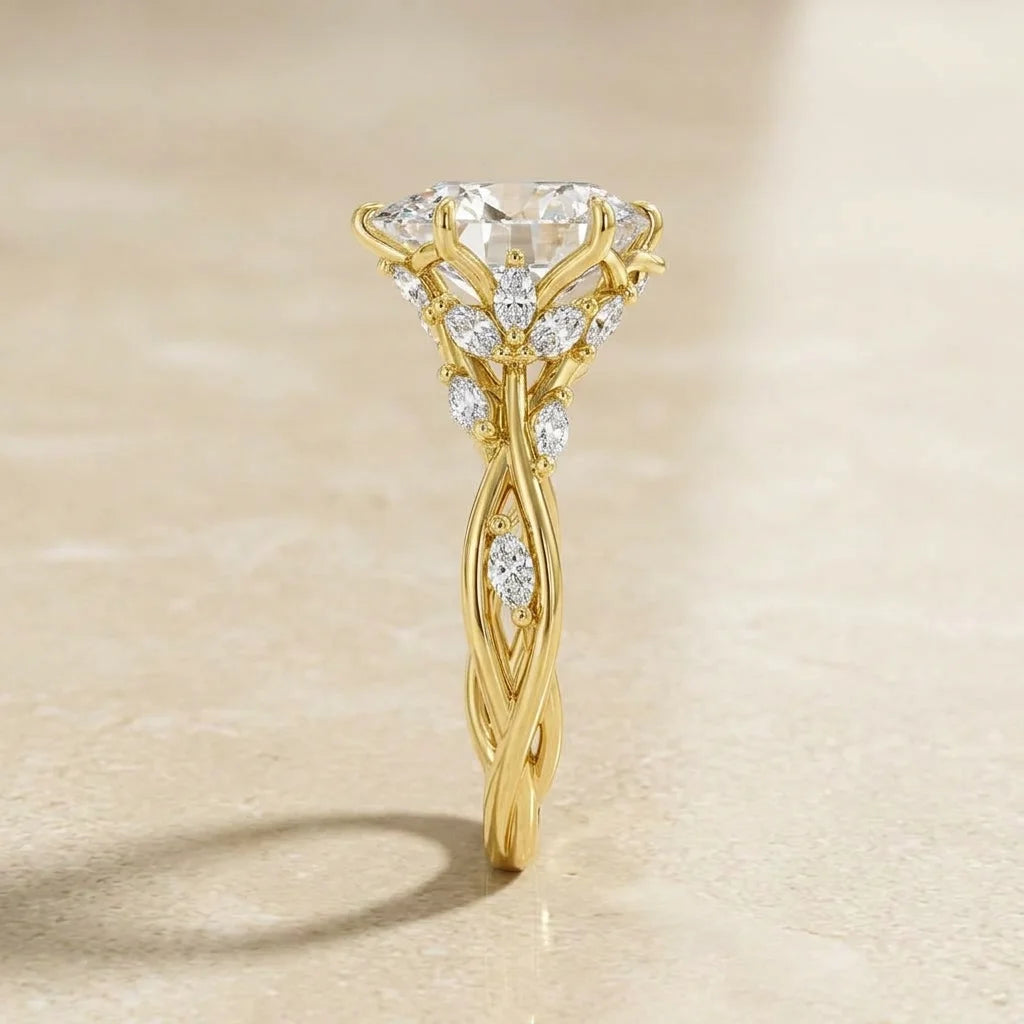 Side view of the six-prong head on the 14K gold filled marquise moissanite engagement ring - Sensitive Stones