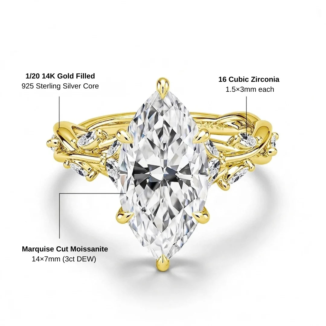 Specifications for the 14K gold filled marquise moissanite ring: 14x7mm 3ct stone, 925 silver core, 16 cubic zirconia accents - Sensitive Stones