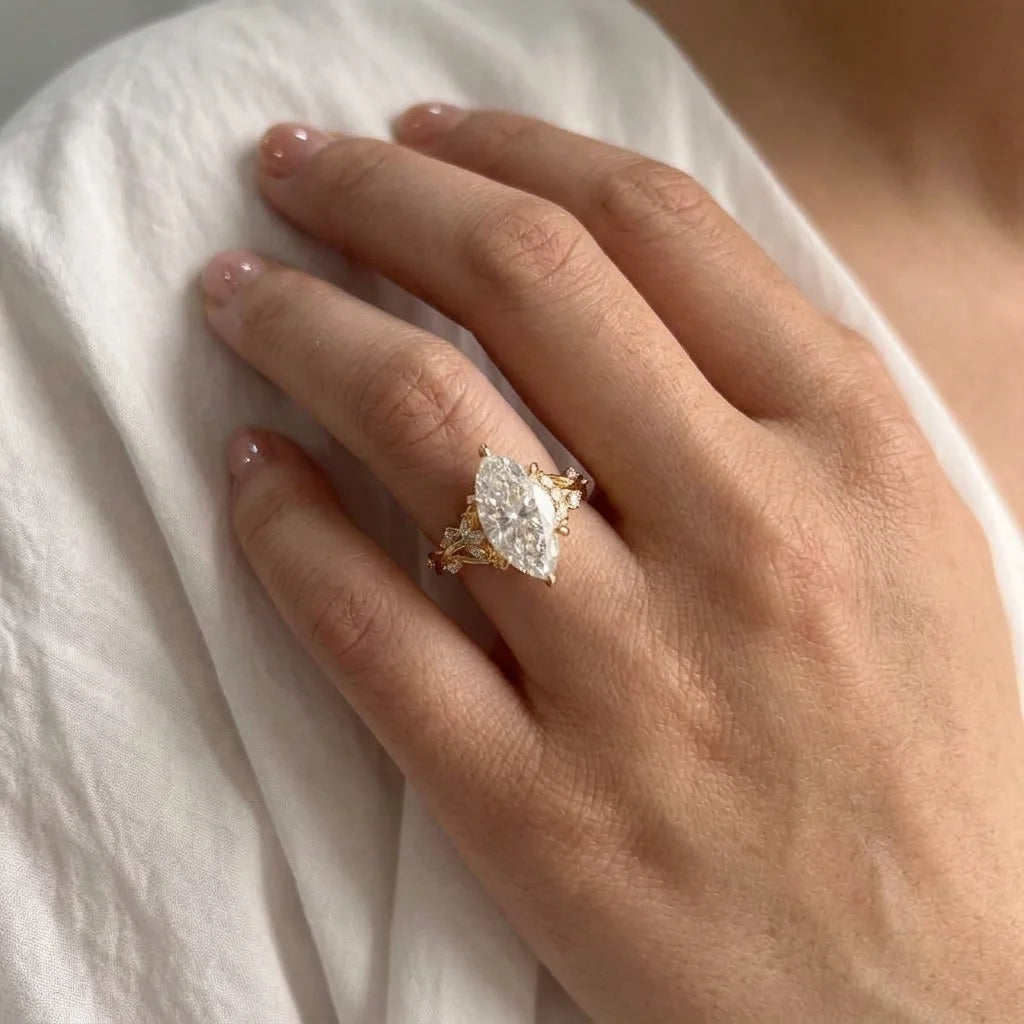 3ct marquise moissanite engagement ring in 14K gold filled worn on the hand - Sensitive Stones