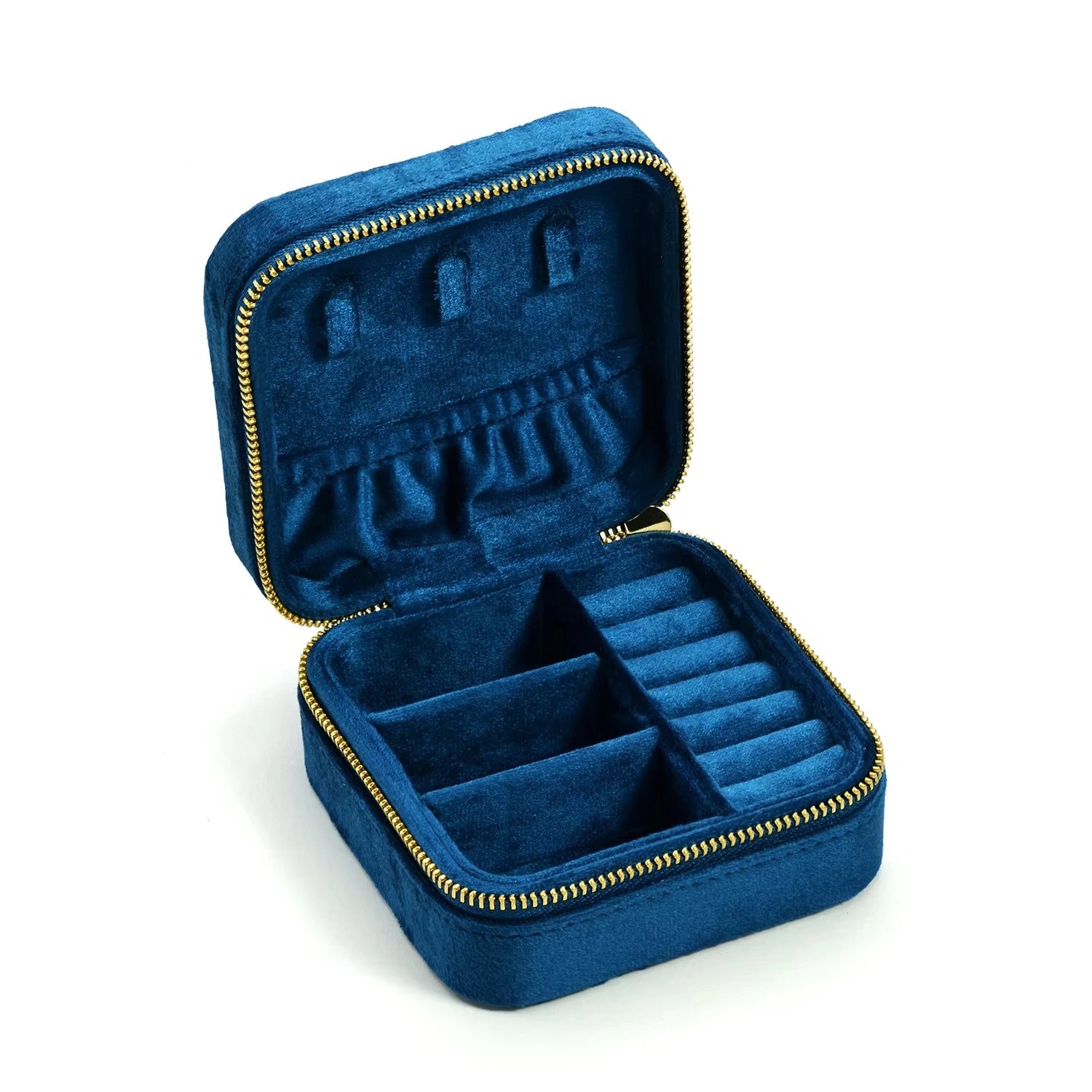 Navy blue velvet travel jewelry box open showing necklace hooks and ring compartments - Sensitive Stones