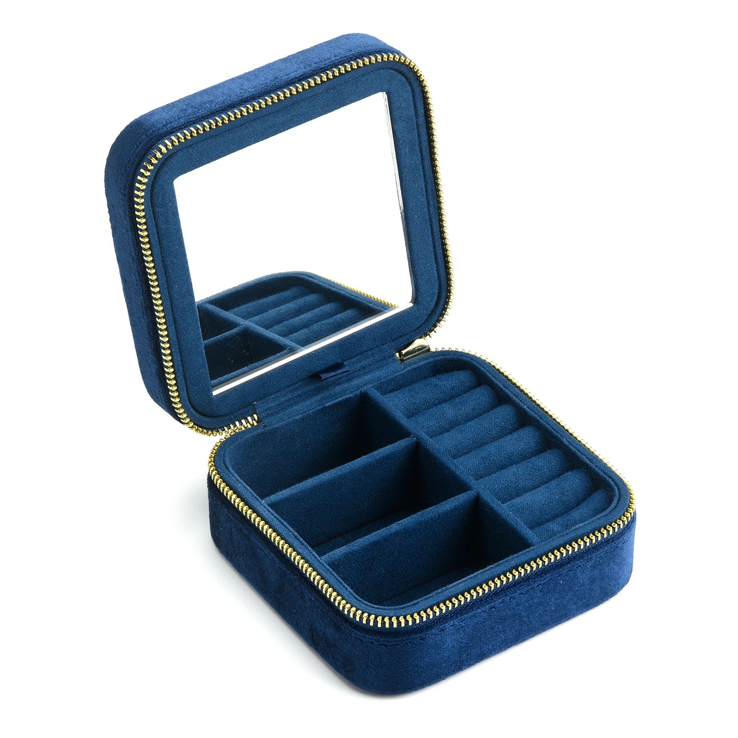  Navy blue velvet travel jewelry box open showing ring rolls and earring compartments with built-in mirror - Sensitive Stones