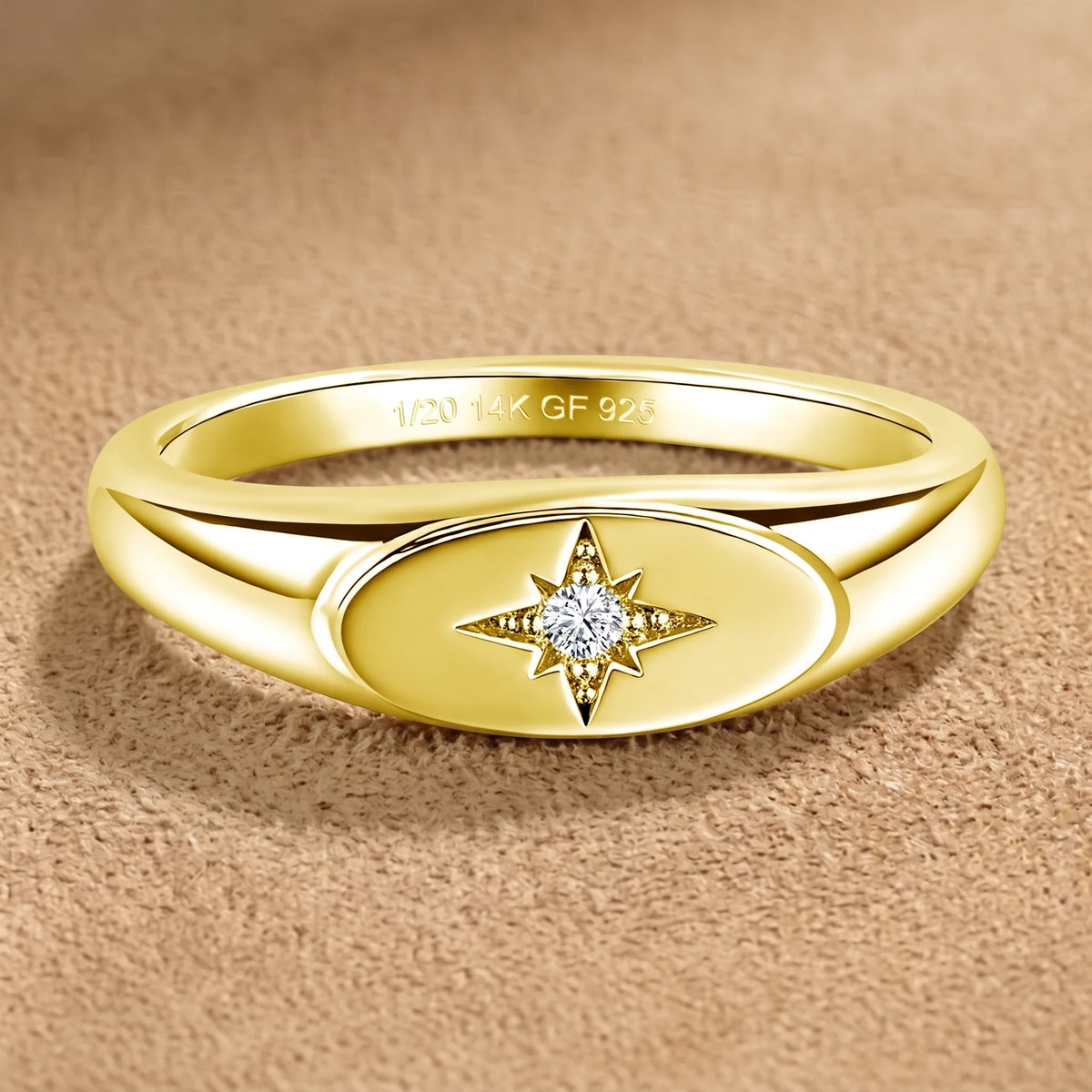 North star signet ring in 14K gold filled seen from above, showing the 1/20 14K GF 925 hallmark inside the band - Sensitive Stones