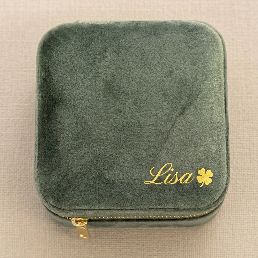 Olive green personalized velvet travel jewelry box with gold engraved name and clover symbol - Sensitive Stones