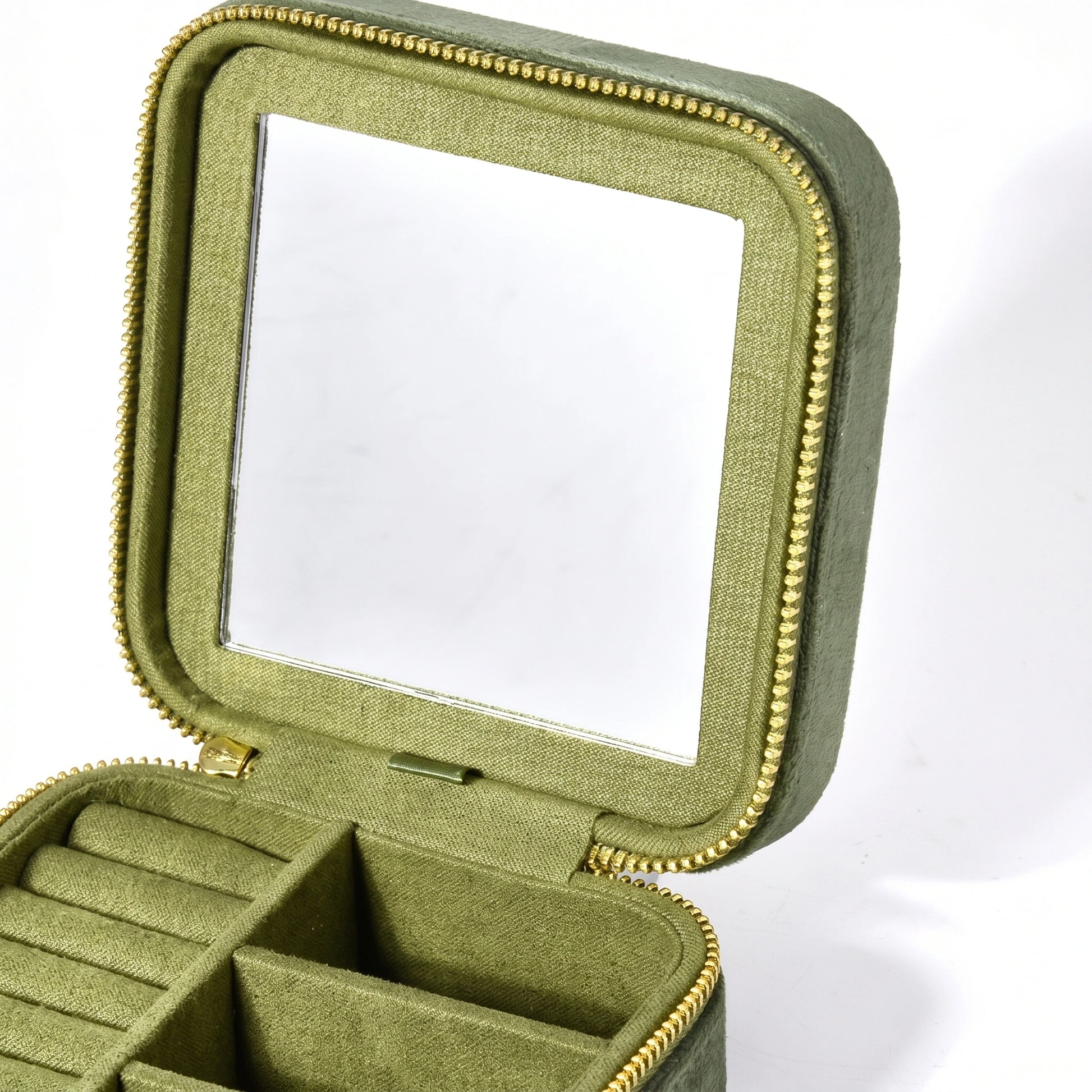 Built-in mirror inside olive green velvet travel jewelry box open lid - Sensitive Stones