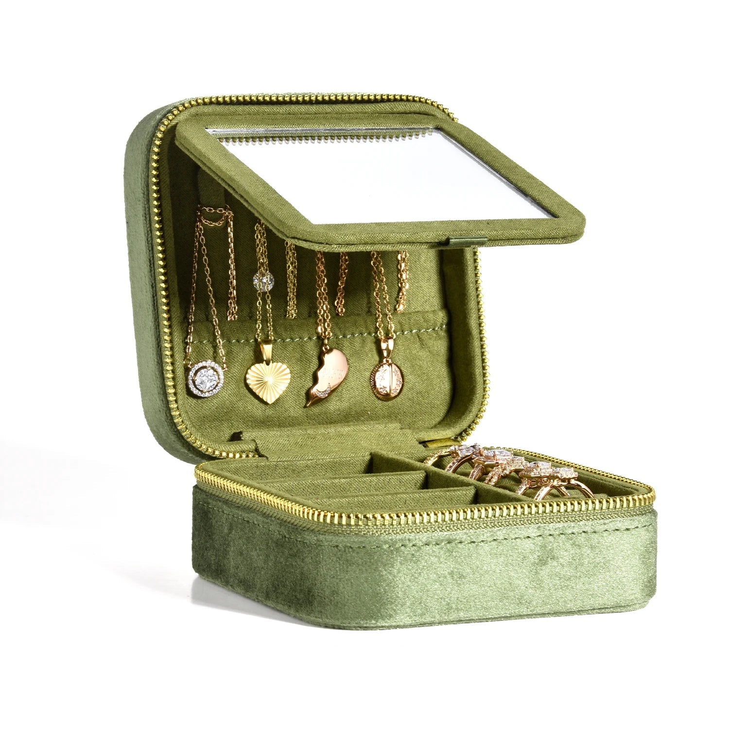 Olive green velvet travel jewelry box open showing necklace hooks storing multiple gold pendant necklaces - Sensitive Stones