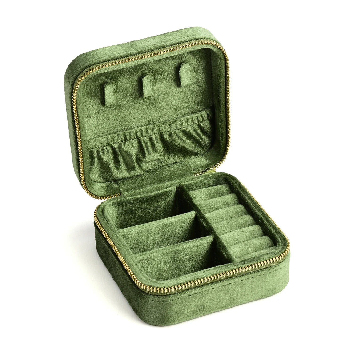 Olive green velvet travel jewelry box open showing necklace hooks and ring compartments - Sensitive Stones