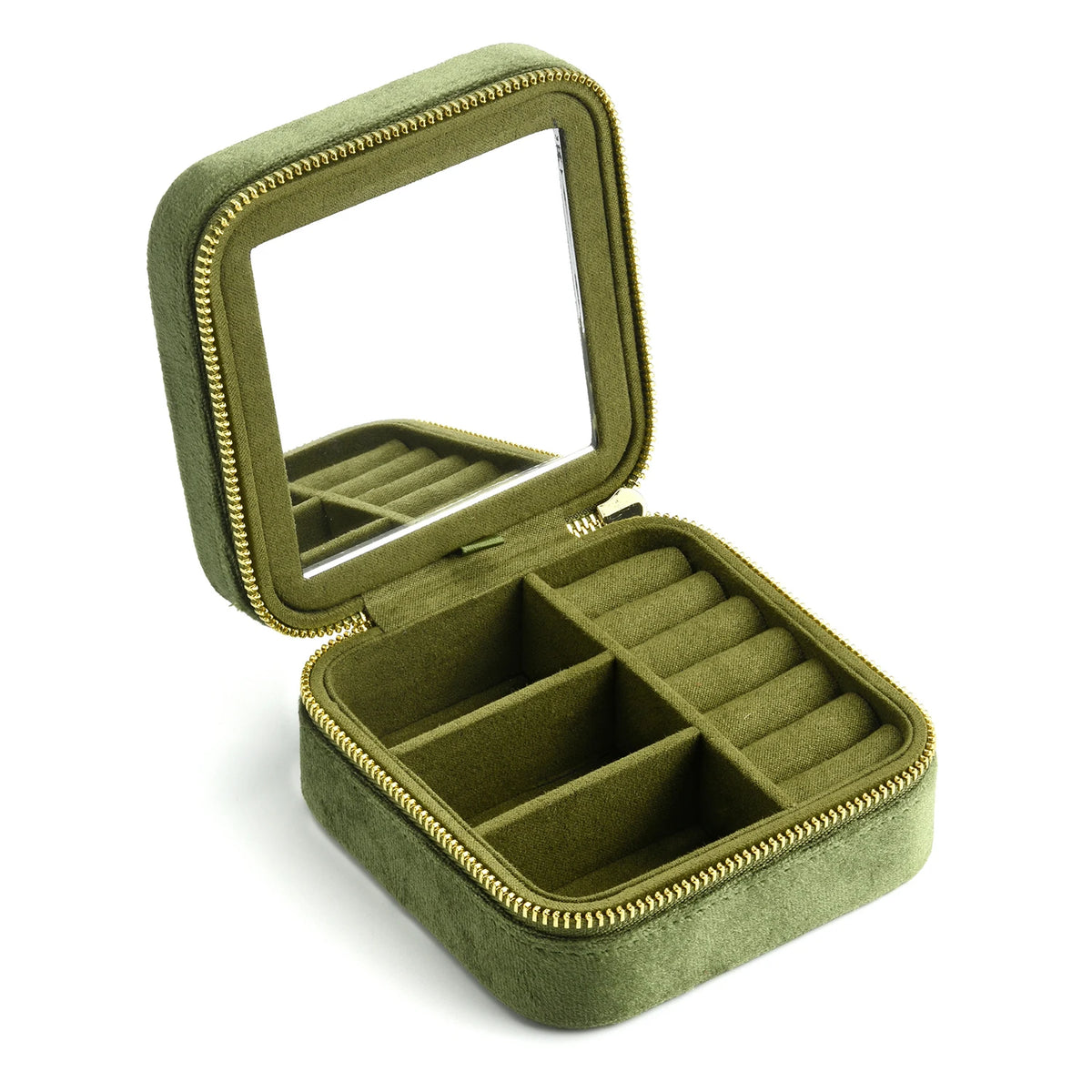 Olive green velvet travel jewelry box open on a white background showing empty ring rolls, divided compartments and gold-tone zipper - Sensitive Stones