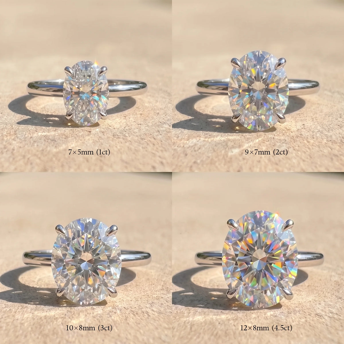 Size guide for the oval cut moissanite solitaire ring in a white gold finish showing 7×5mm (1ct), 9×7mm (2ct), 10×8mm (3ct) and 12×8mm (4.5ct) oval stones - Sensitive Stones