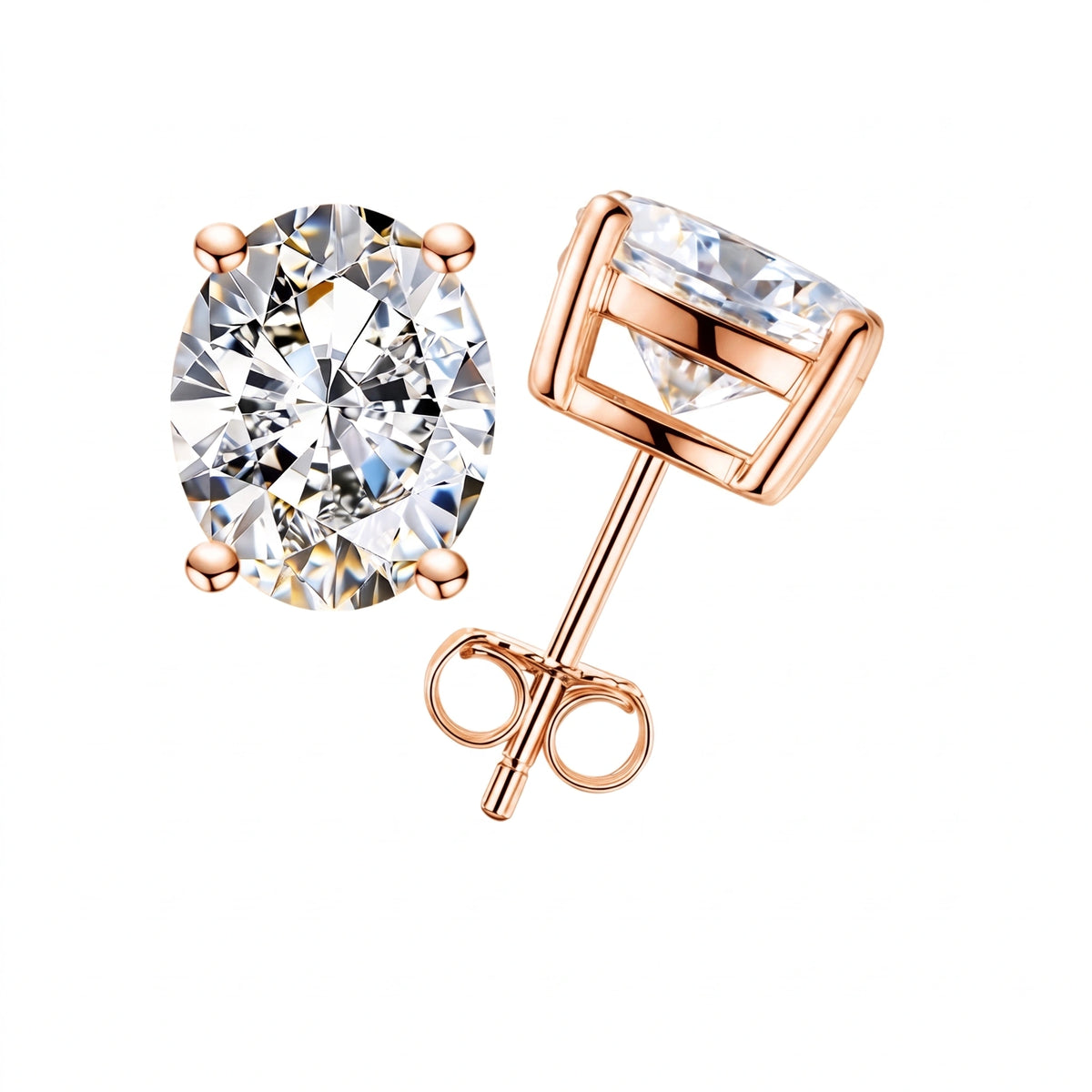Oval cut moissanite stud earrings, rose gold finished 925 sterling silver pair - Sensitive Stones