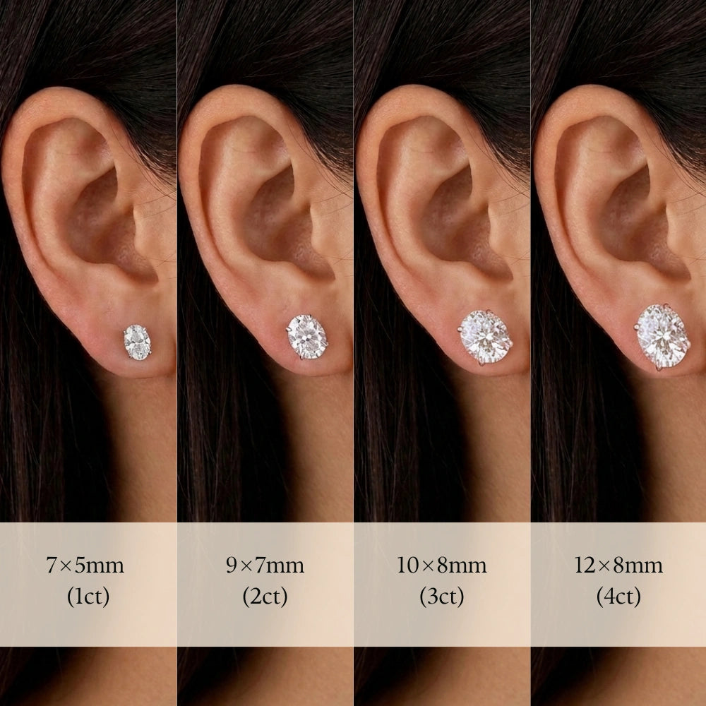 Oval cut moissanite stud earrings size comparisons on ear from 1ct to 4ct - Sensitive Stones