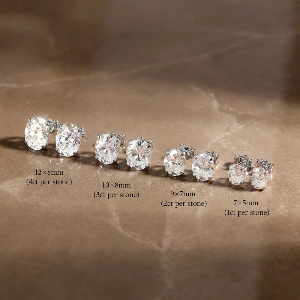 Oval cut moissanite stud earrings size guide, 7x5mm to 12x8mm, 1ct to 4ct per stone - Sensitive Stones
