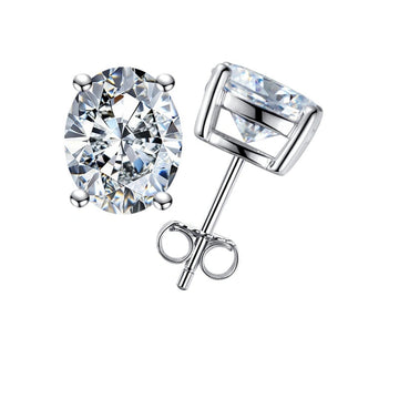 Oval cut moissanite stud earrings, white gold finished 925 sterling silver pair - Sensitive Stones