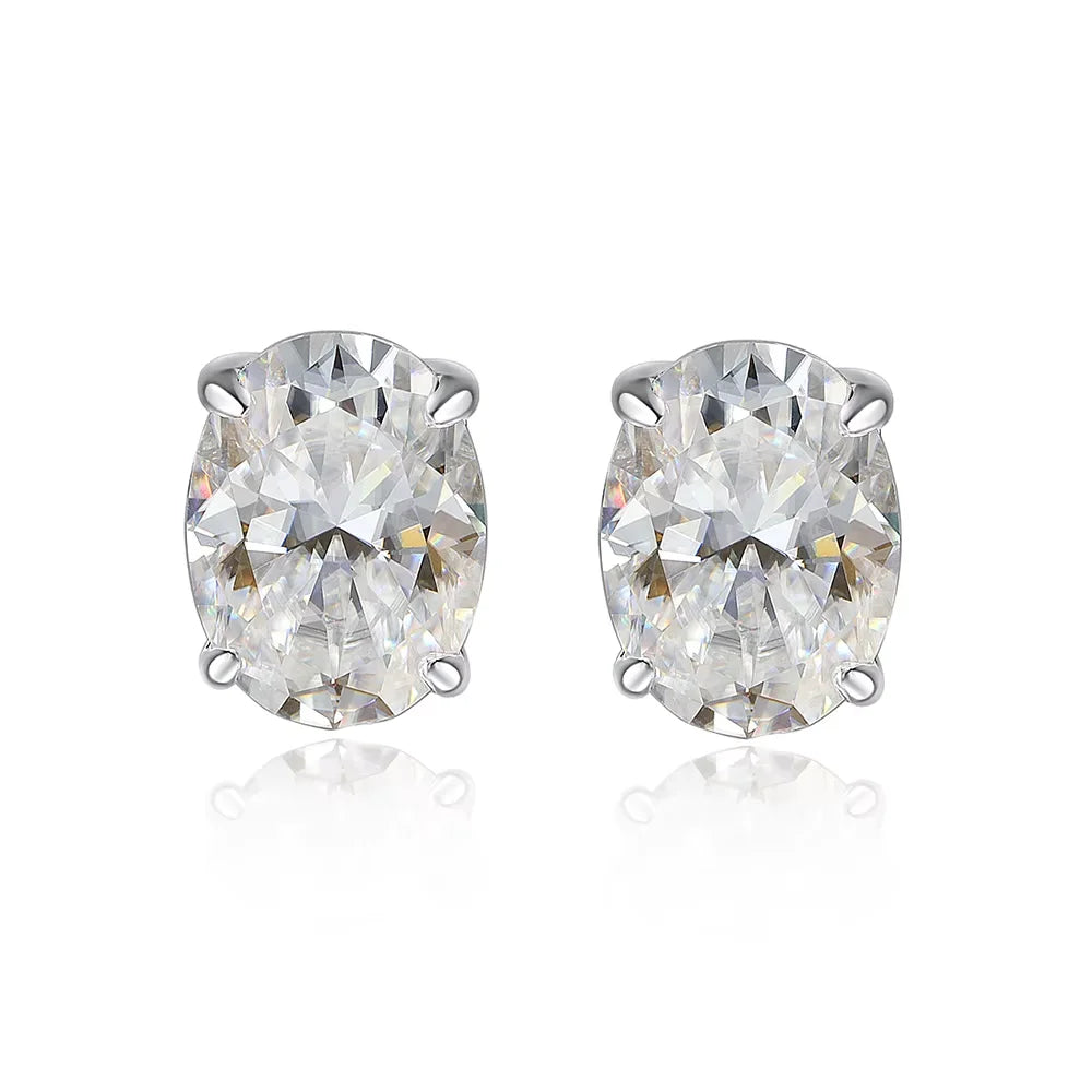 Oval cut moissanite stud earrings, 18K white gold plated 925 sterling silver pair - Sensitive Stones