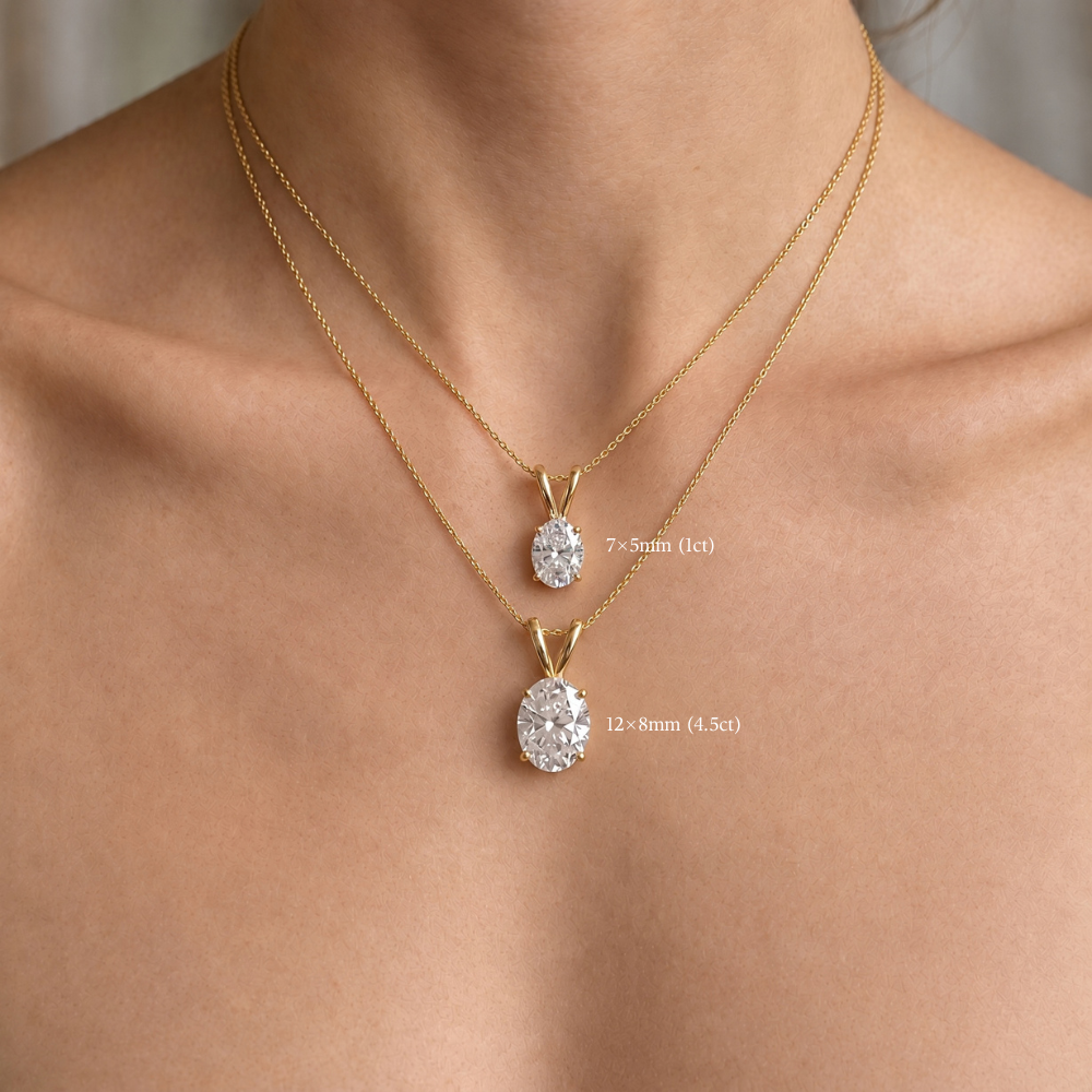 Oval moissanite pendant necklace size comparison featuring 7×5 mm 1 carat and 12×8 mm 4.5 carat stones on delicate 14k gold filled chains - Sensitive Stones