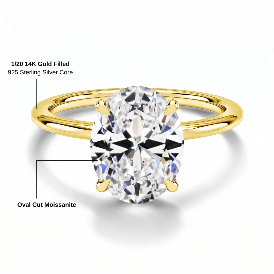 Oval moissanite engagement ring specifications: 1/20 14K gold filled over a 925 sterling silver core