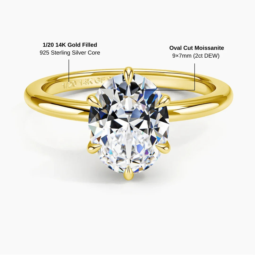 Oval moissanite engagement ring specifications: 9x7mm 2ct DEW stone, 1/20 14K gold filled over a 925 sterling silver core