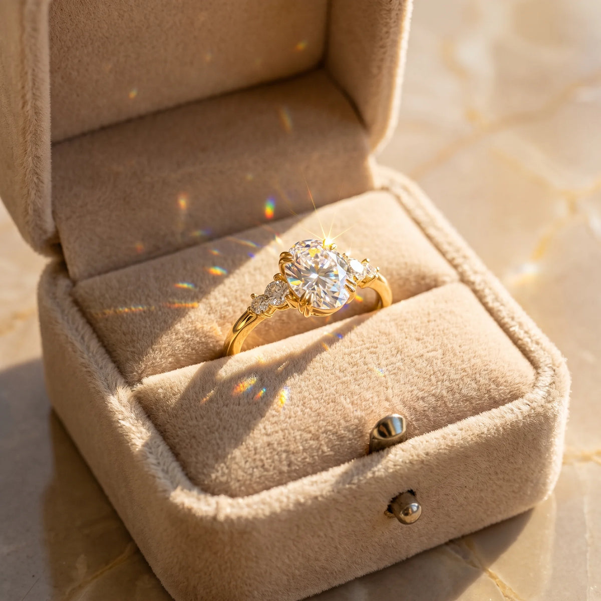 Oval moissanite engagement ring in 14K gold filled presented in a cream velvet ring box - Sensitive Stones