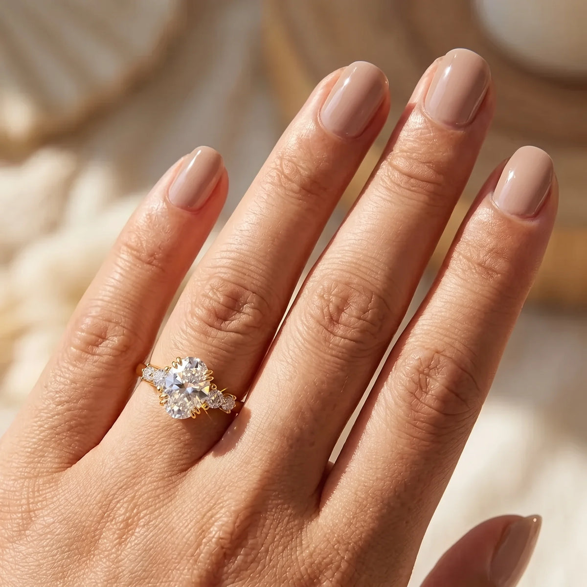 14K gold filled oval moissanite engagement ring with side stones worn on a woman's hand - Sensitive Stones