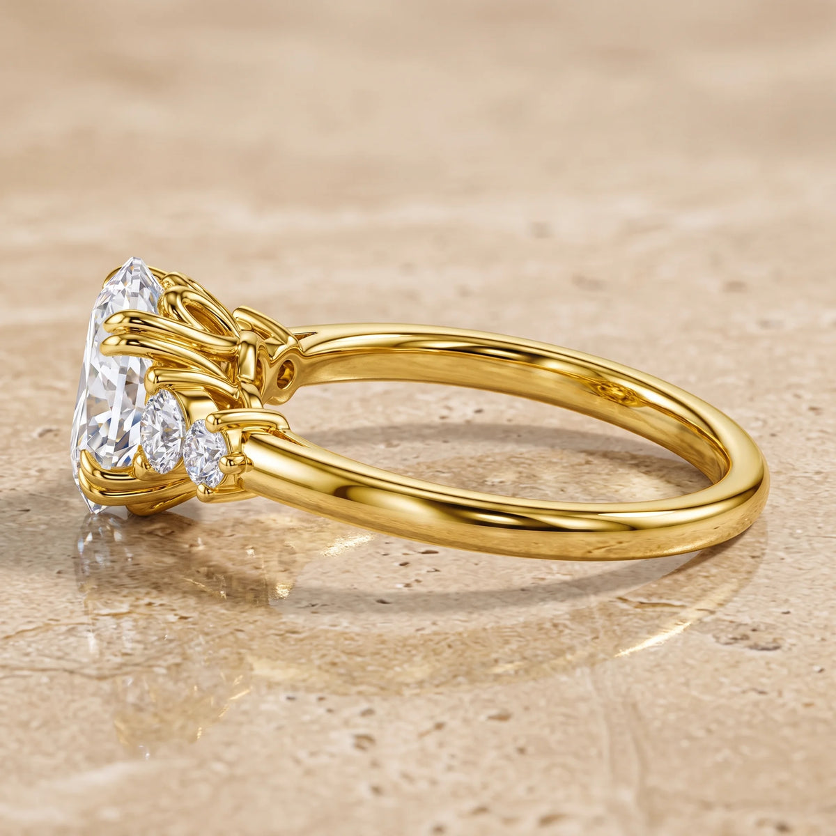 Side profile of the oval moissanite engagement ring showing the double prong setting and slim band - Sensitive Stones