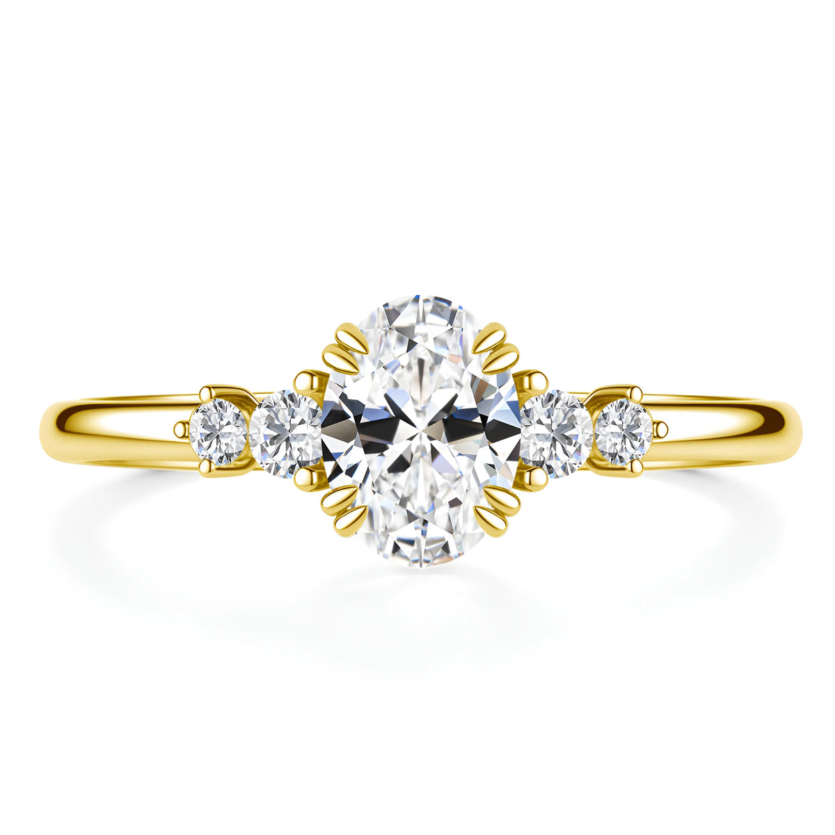 Oval cut moissanite engagement ring with four 5A cubic zirconia side stones in 14K gold filled on a white background - Sensitive Stones