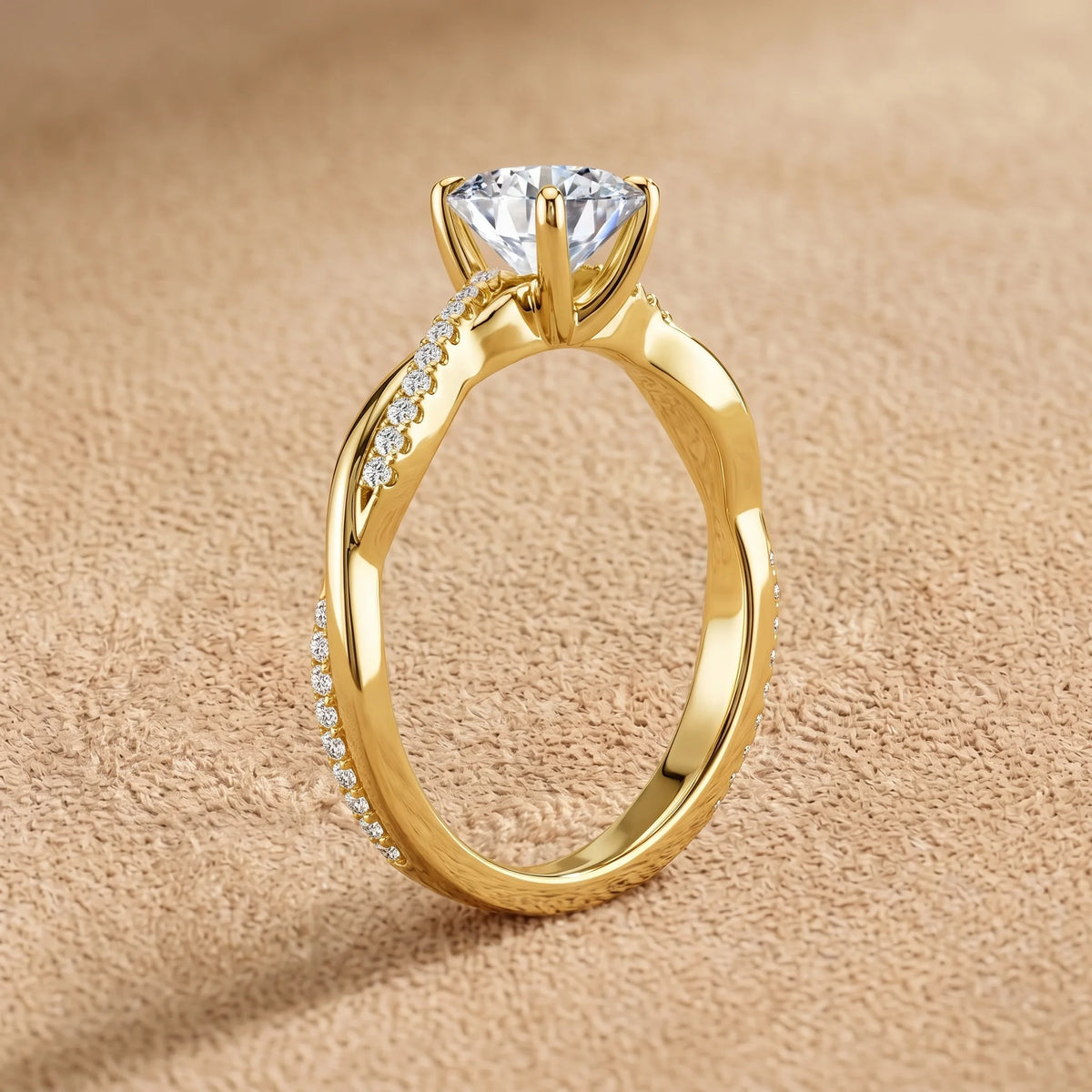 Oval moissanite engagement ring in 14K gold filled on a twisted cubic zirconia pavé shank, side view - Sensitive Stones