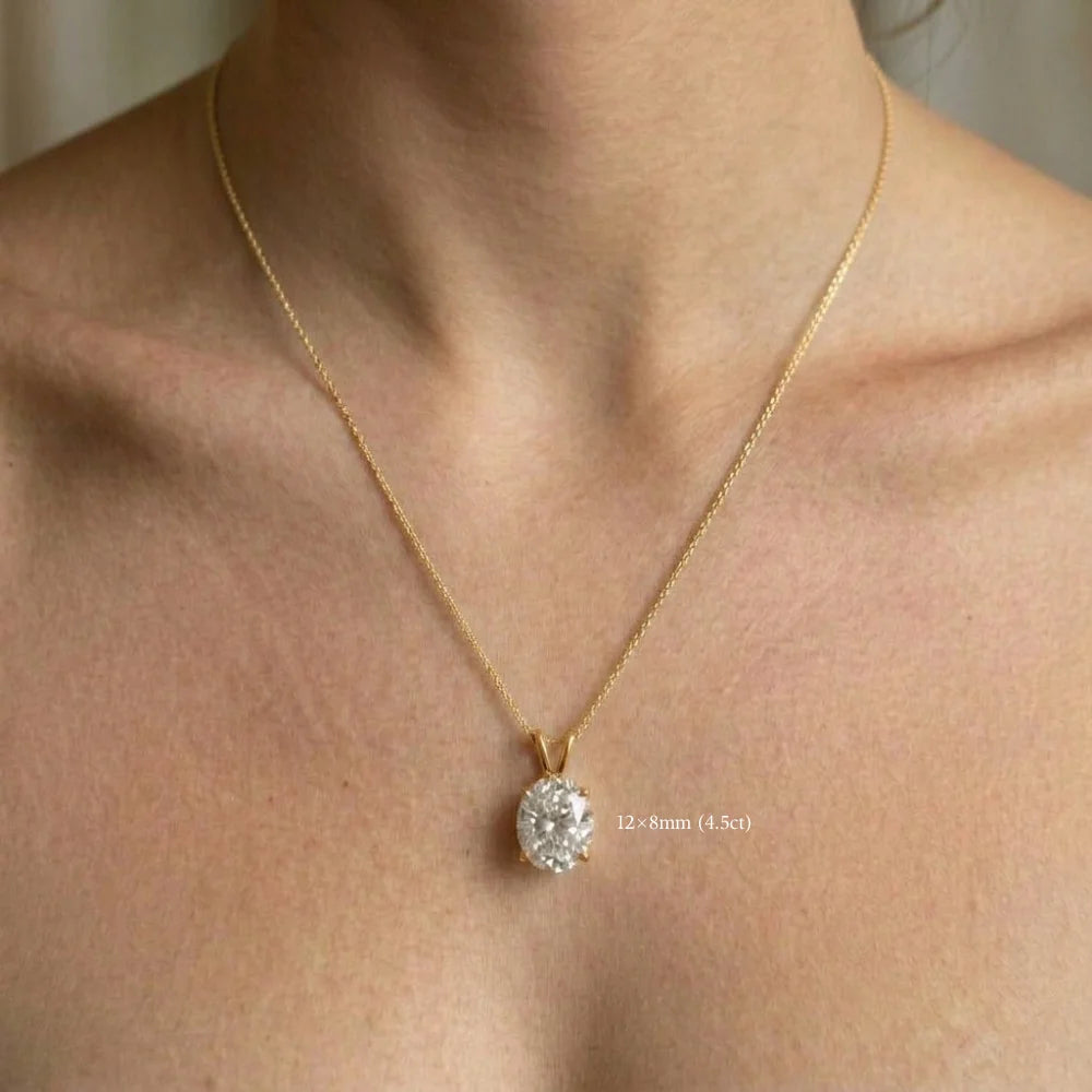 12x8mm 4.5ct oval moissanite pendant necklace in 14K gold filled worn at the collarbone - Sensitive Stones