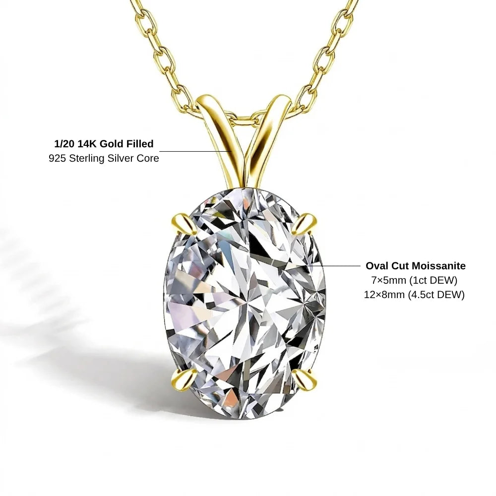Oval moissanite pendant necklace specifications: 1/20 14K gold filled over a 925 sterling silver core, 7x5mm and 12x8mm stones - Sensitive Stones