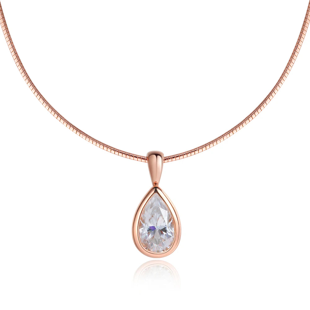 Pear Cut Moissanite Solitaire Pendant Necklace in rose gold bezel setting on snake chain, D color VVS1 3CT - Sensitive Stones