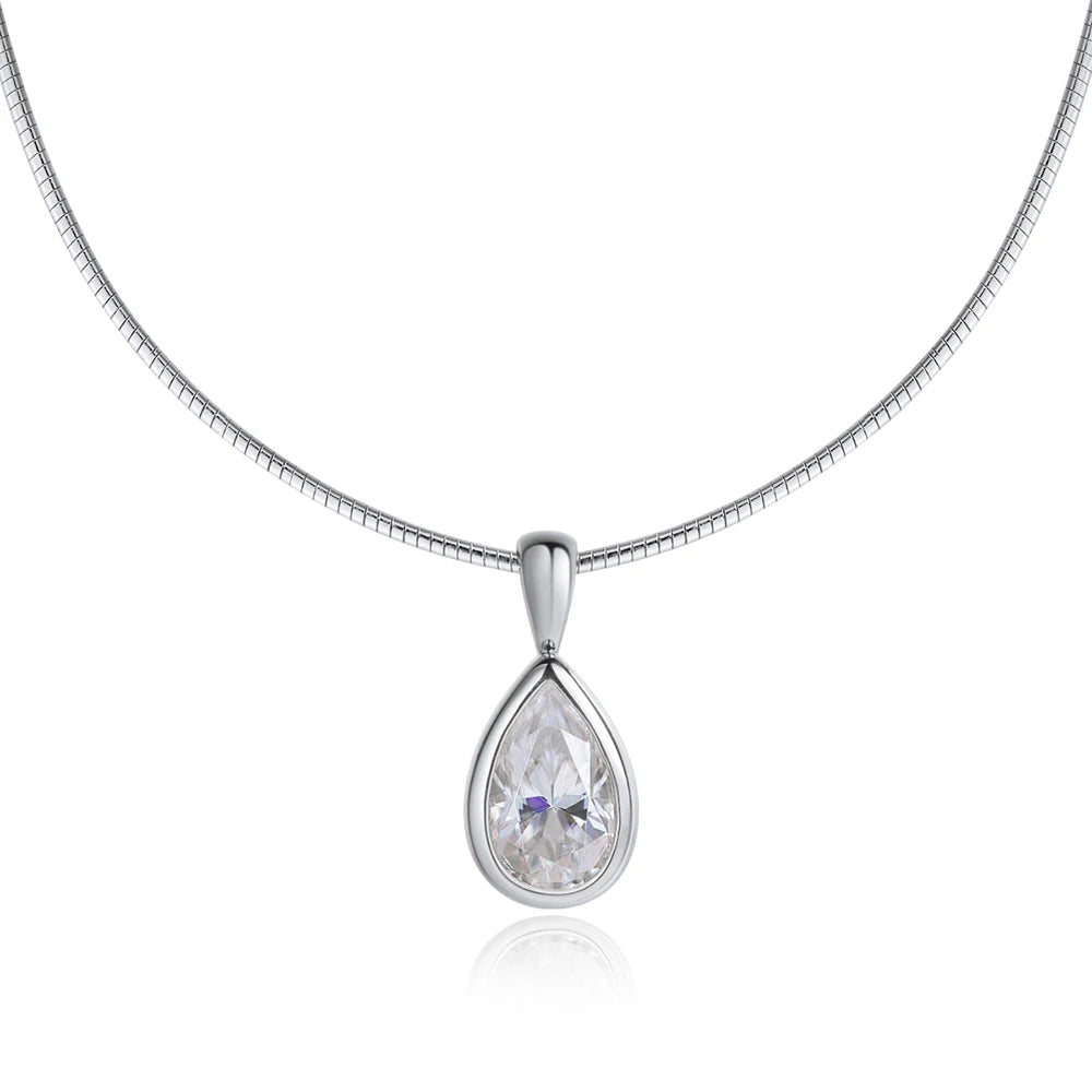 Pear Cut Moissanite Solitaire Pendant Necklace in white gold on snake chain, VVS1 3CT moissanite, minimalist jewelry - Sensitive Stones