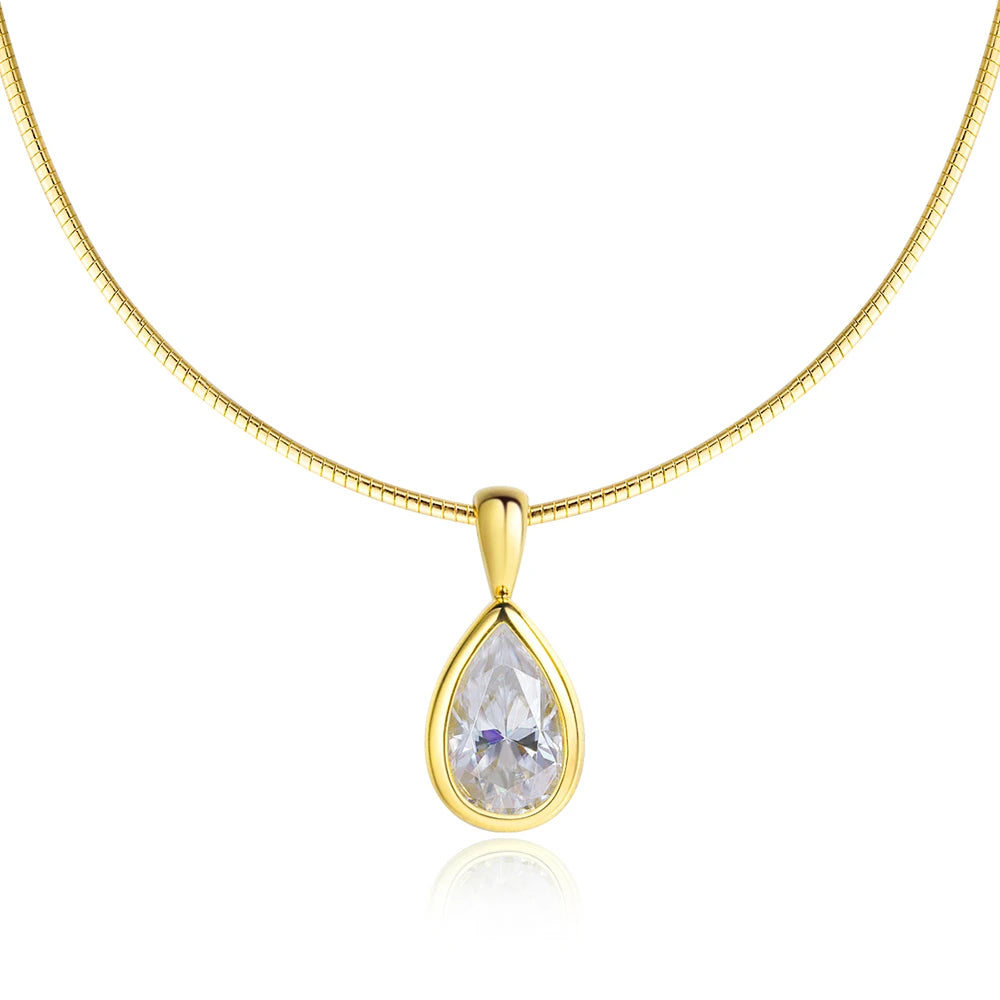 Pear Cut Moissanite Solitaire Pendant Necklace in yellow gold on snake chain, D color VVS1 3CT, modern bezel setting - Sensitive Stones