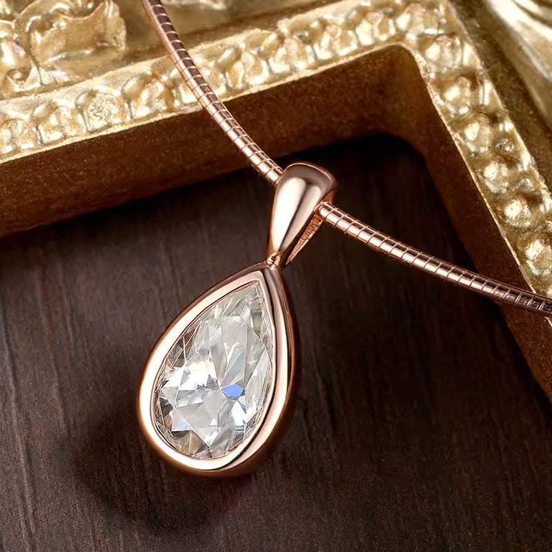 Rose gold Pear Cut Moissanite Solitaire Pendant Necklace on snake chain, D color VVS1 3CT, everyday brilliance - Sensitive Stones